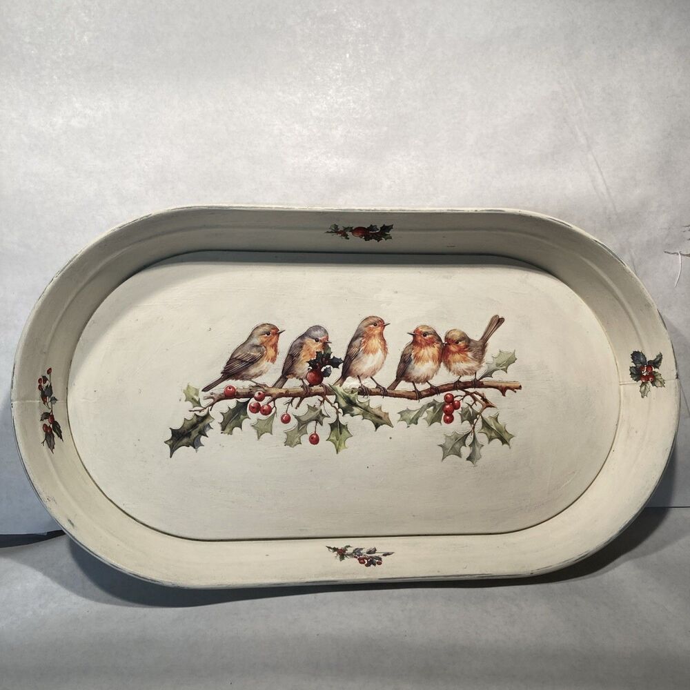 Hand Decorated Metal Tray Painted Birds Transfer Decor Piece Only Not Food Safe